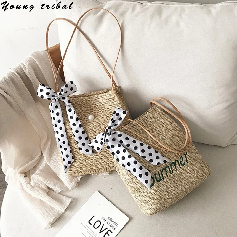 Женская сумка маленькая Летняя Пляжная из ротанга Плетеная соломенная женская