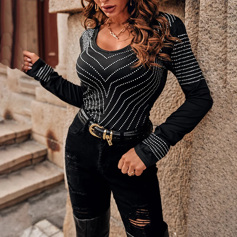 

2021 Fashion Women V Neck Long Sleeve Rhinestone Black Skinny Top Autumn Casual Corset Tops T-shirts Going Out Streetwear Blouse