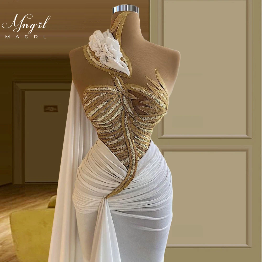 

MNGRL Luxury Evening Dress One-shoulder Long Sleeves Hand-applied Diamonds Glittering 2021 New Evening Dress Party Dress