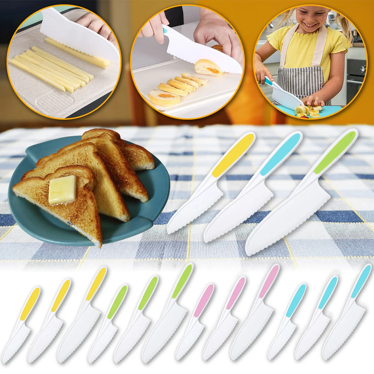 3Pcs/Set Kitchen Cooking Knife Kids Cake Bread Fruit Knife Chef Toddler Cooking Plastic Sawtooth Cutter for Children Vegetable