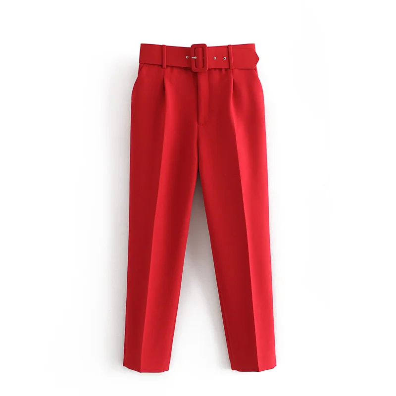 

2021 black suit pants woman high waist pants sashes pockets office ladies pants women fashion middle aged pink yellow pants