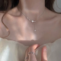 real marked silver color necklace glittering star zircon pendant long tassel pearl chains high end party womans clavicle chain