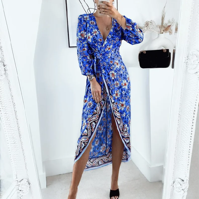 

Woman Elegant Blue Floral Lacing Long Dress 2021 Spring Vinatge Female V Neck Print Beach Dresses Ladies Irregular Dresses