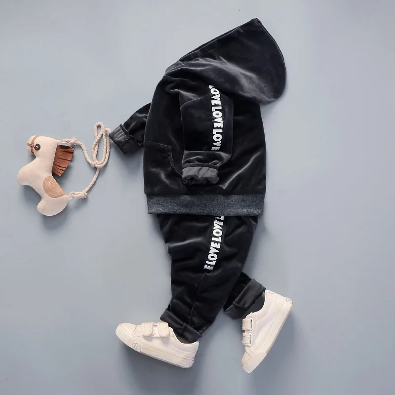Children Gold Velvet Clothes Spring Autumn Baby Boy Girl Hooded Sweatshirt Pants 2pcs/set Infant Outfit Kids Casual Tracksuits | Детская