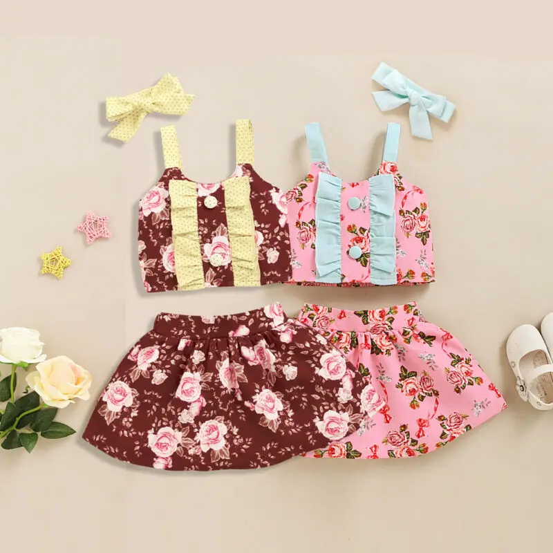 

1-4Y Infant Baby Girls Clothes Sets Button Sling Tops + Flowers Skirt + Headband Summer Clothes
