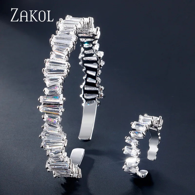 ZAKOL роскошный квадратный кубический цирконий регулируемый браслет кольцо Набор