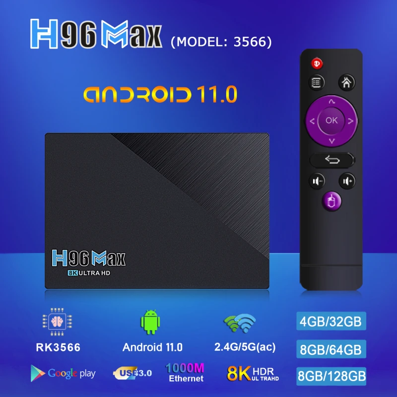 

Приставка Смарт-ТВ H96 MAX RK3566, Android 11, 4 + 32/8 ГБ, 1080p, Wi-Fi