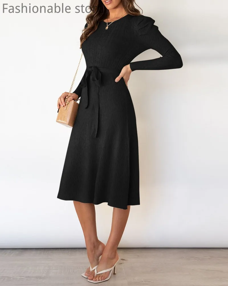 

Women Knitted Long Sleeve Tied Detail Casual Midi Dress