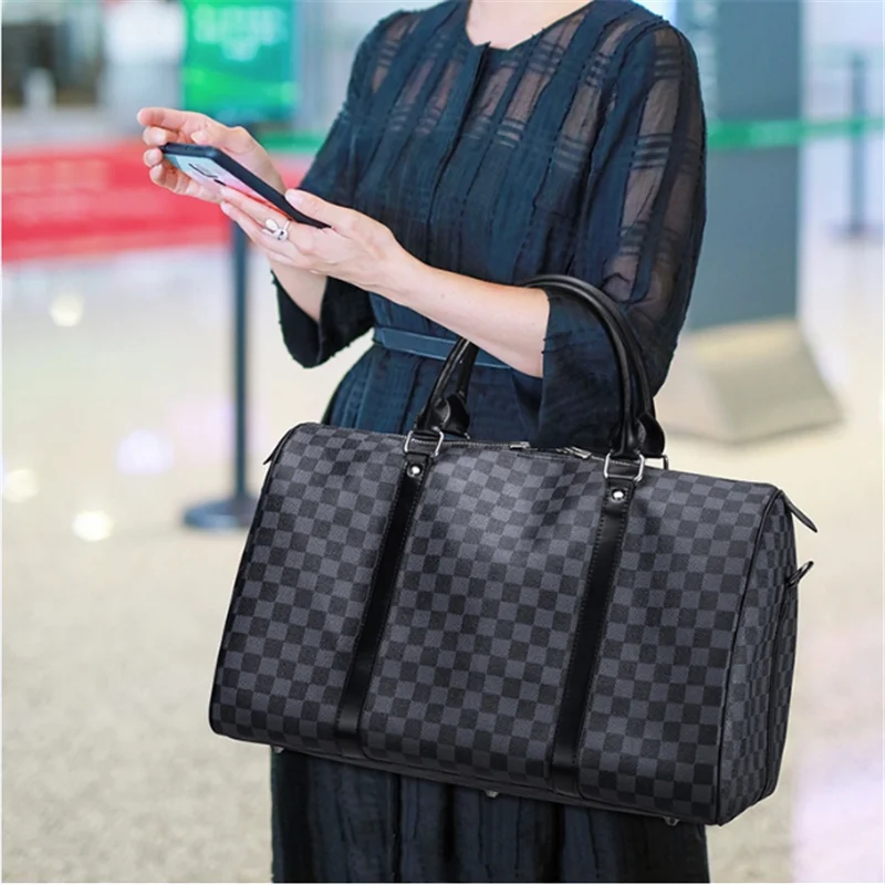 

Brand Designer Print Bag Men Women Classic PU Leather Luggage Bag Plaid Portable Large Capacity Light Travel Fitness Weekenders
