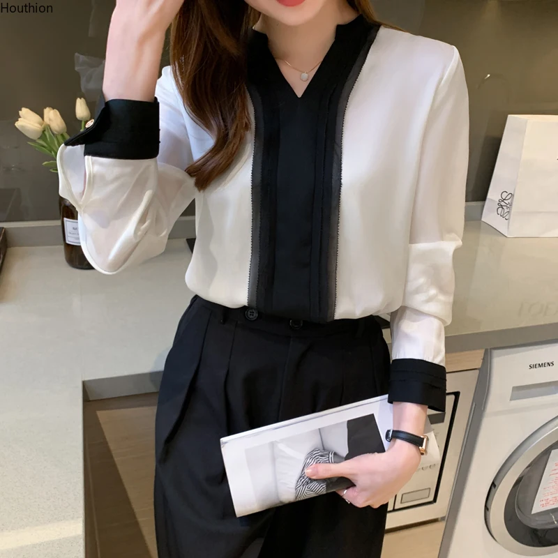 

Summer Women's Blouses New Top Long Sleeve V-neck Shirt Fashion Casual Loose Girl Chiffon Solid Color Splicing
