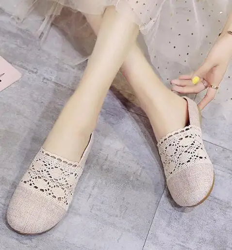 Summer 2020 sweet baotou women's shoes bowknot breathable lace student casual flat bottom flip-flops | Обувь