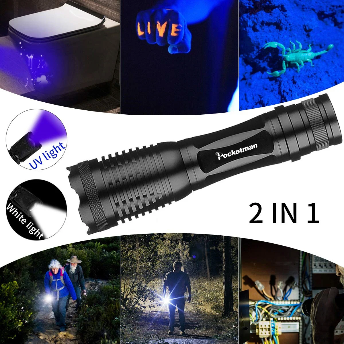 2 In 1 UV Flashlight LED Purple Light Torch 395nm Ultraviolet Urine Detector Waterproof Zoomable Flashlamp For Field Camping | Лампы и