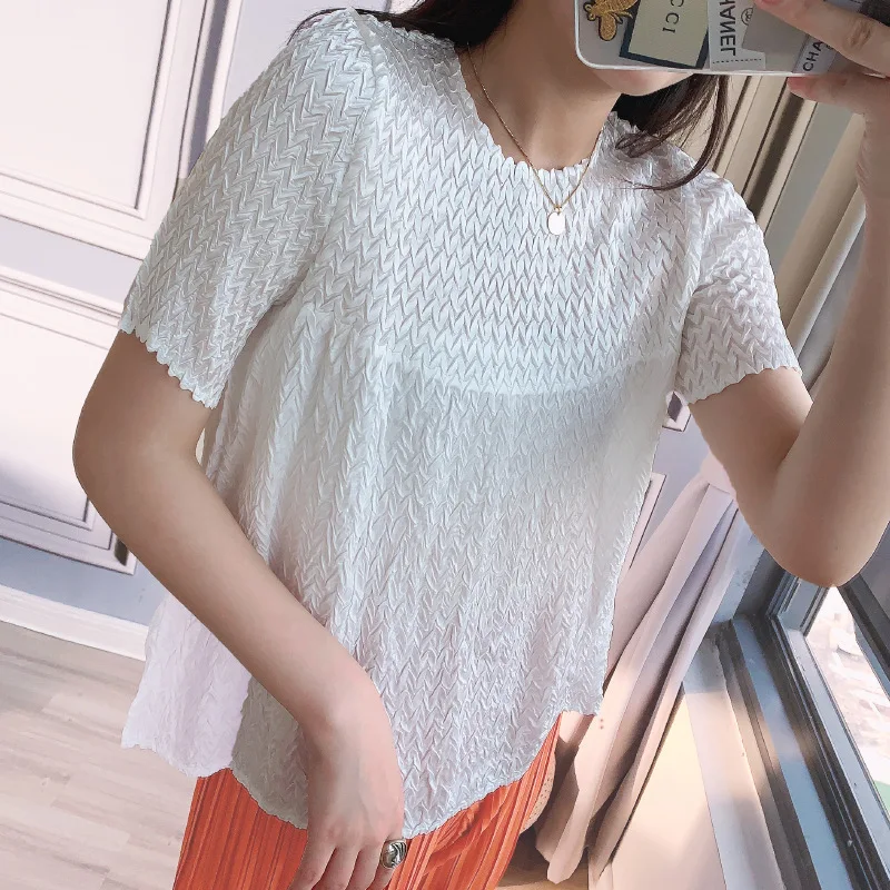 

Miyake Pleated Tops Women's Round Neck Short Sleeves 2020 Summer New Solid Colour T-Shirts Loose Large Size Women's Clothing