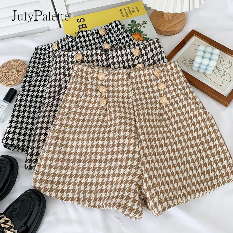 

Шорты Julypalette женские с широкими штанинами, двубортные винтажные повседневные облегающие Короткие штаны с узором «гусиные лапки», с высокой ...