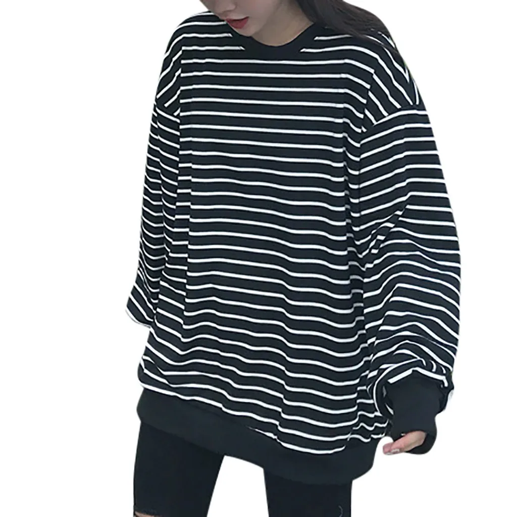 Осенние толстовки для женщин 2019 с О образным вырезом в полоску Свободный Топ