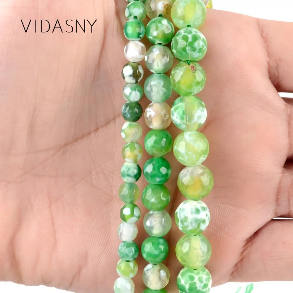 

Natural Gem Apple Green White Faceted Fire Agates Beads For Jewelry Making 6 8 10mm Round Loose Beads Diy Bracelet Necklace 15''