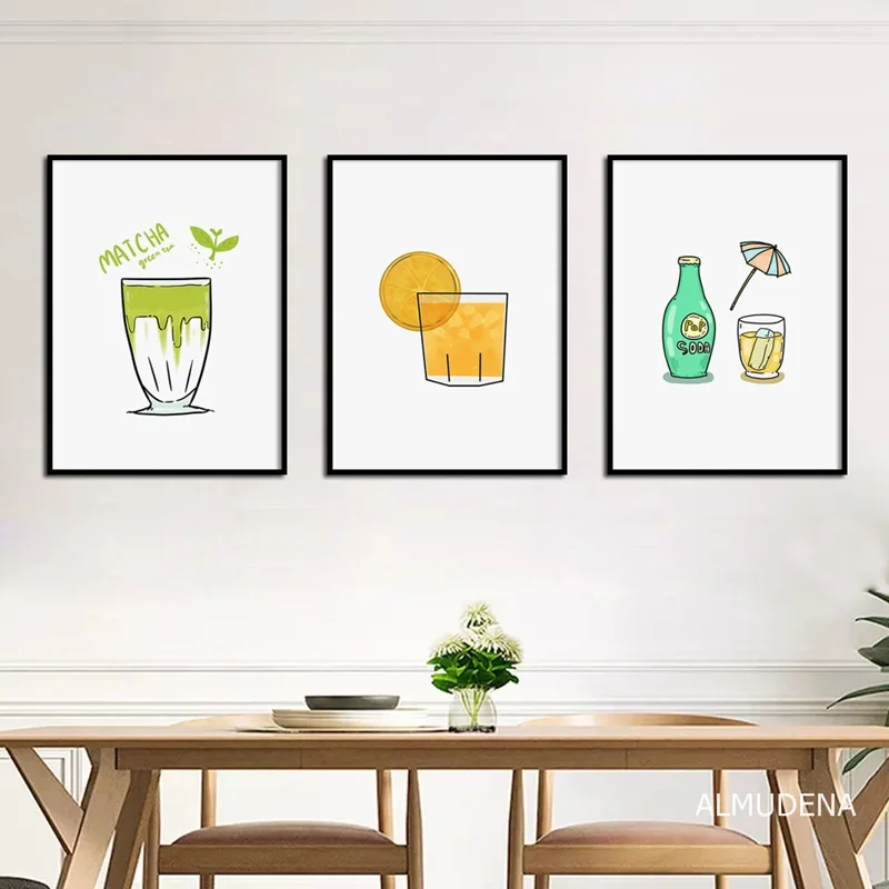 Настенные постеры с изображением зеленого чая апельсинового сока напитков