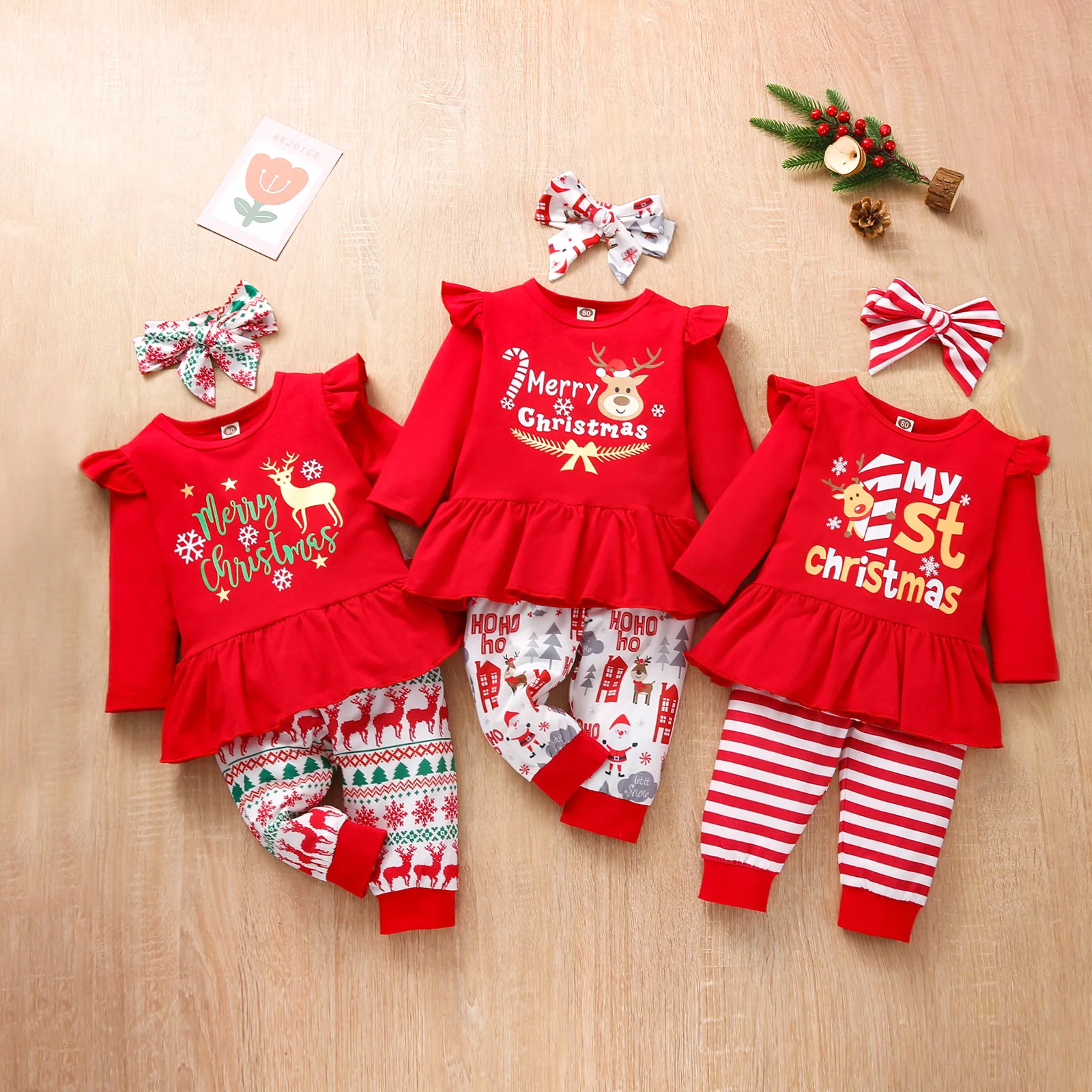 

0-3Y Toddler Kids Christmas Costume For Baby Girl Clothes Sets Flying Sleeve Long T-shirt+Deer Pants New Years Clothes