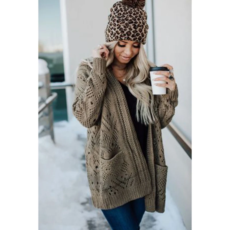 Кардиган женский вязаный с длинным рукавом Модный повседневный однотонный