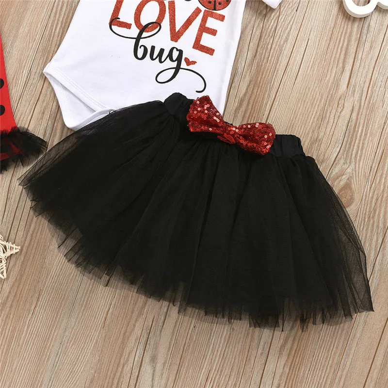 

Valentine's Day Clothes Kids Baby Girl Short Sleeve Romper Tops+Bow Tulle Mesh Skirt+Headband+Leg Warmers 4PCS Outfits Set