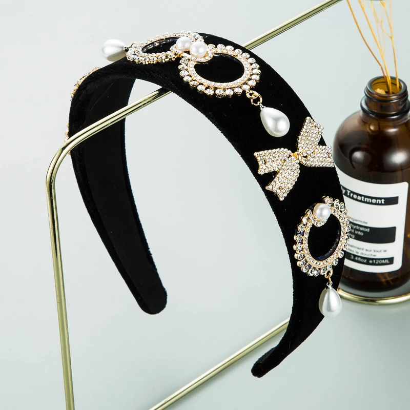 

New Korean retro black fabric hair band female alloy rhinestone pearl retro hair accessory bow luxury ladies headband headdress