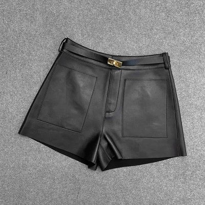 MESHARE New Leather Pants Women Fashion Slim Fit All-Match Genuine Real Sheep Outer Shorts