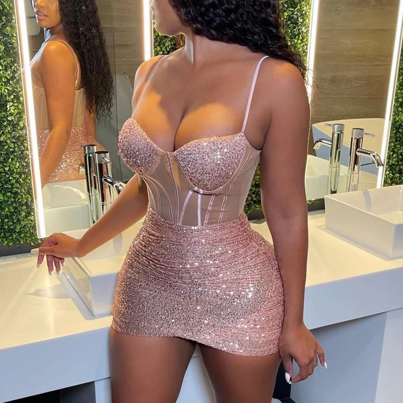 

Beautiful Sequin Caged Bodycon Mini Dress Birthday Dresses Sexy Hollow Out Sequins Party Club Wear Chirstmas Outfits 2022 new