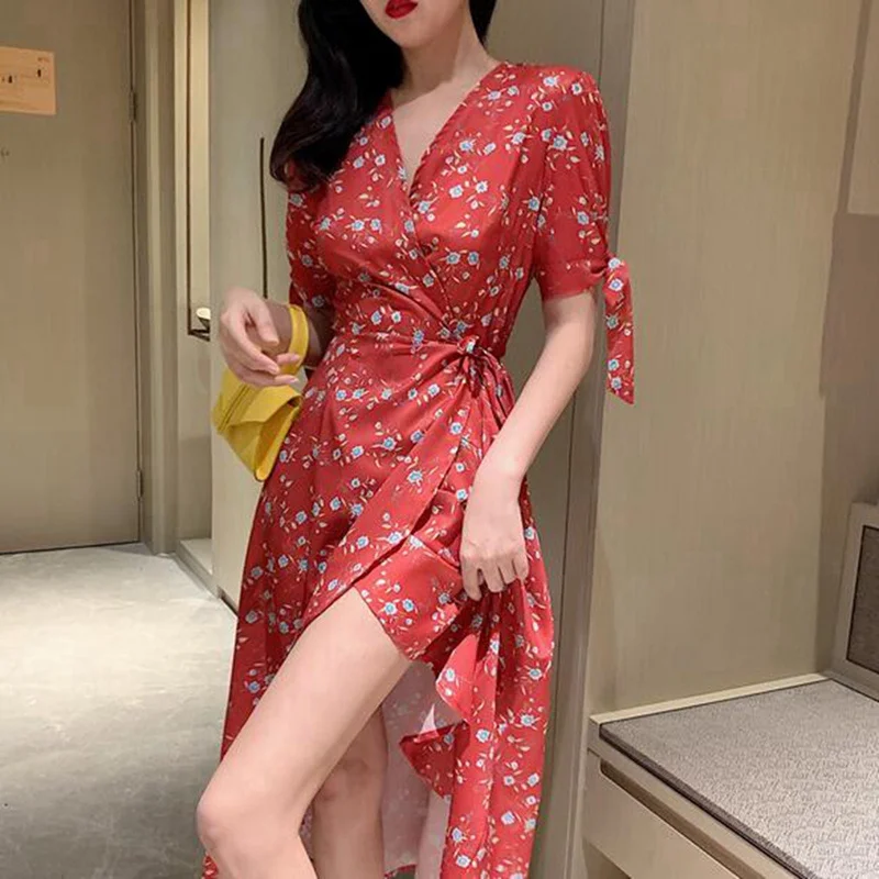 

Vintage Slim V-Neck Spring Autumn Floral Print Midi Long Irregular Dress Women Short Sleeve High Waist Elegant Dress