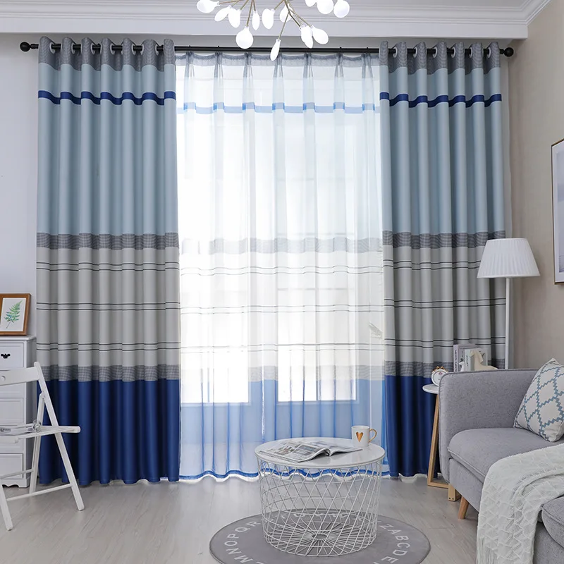 Modern Minimalist Mediterranean Blue Stripes Full Shading Curtains for Living Dining Room Bedroom. | Дом и сад
