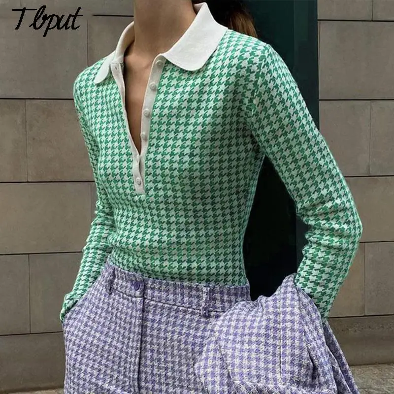 

Autumn Fashion Women's Houndstooth Buttons Knitted Bodysuits Elegant Female Polo Collar Long Sleeve Sweater Playsuits 2021