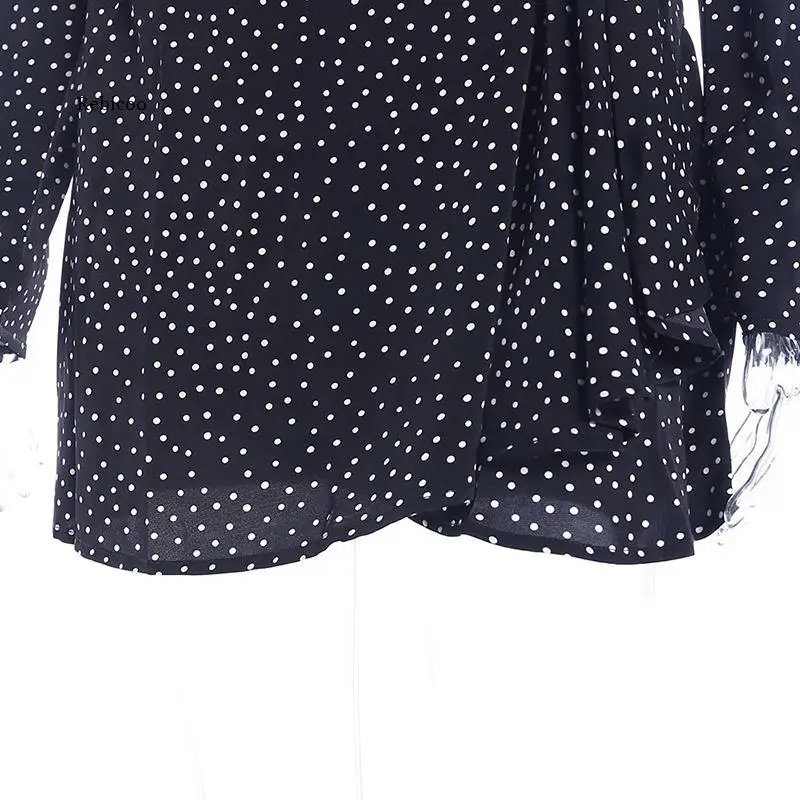 

Women's Summer Deep V Neck Drawstring Dress Women Spring Polka Dot Printed Long Sleeve High Waist Short Skirt Party Mini Elegant