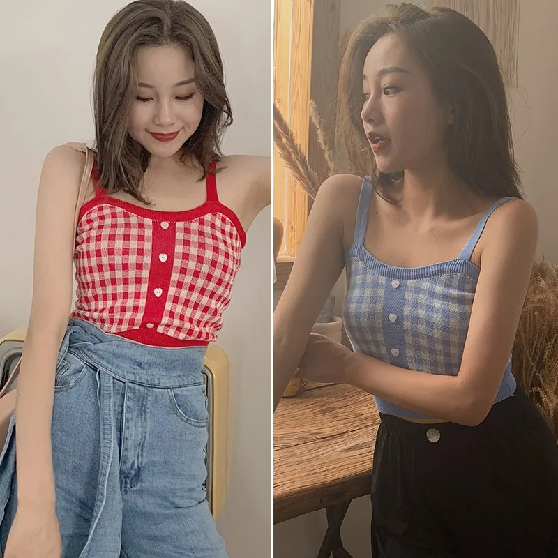 

Women Retro Sweet Plaid Pattern Knit Camisole Cotton Sexy Slim Women's Bottoming Crop Top Female
