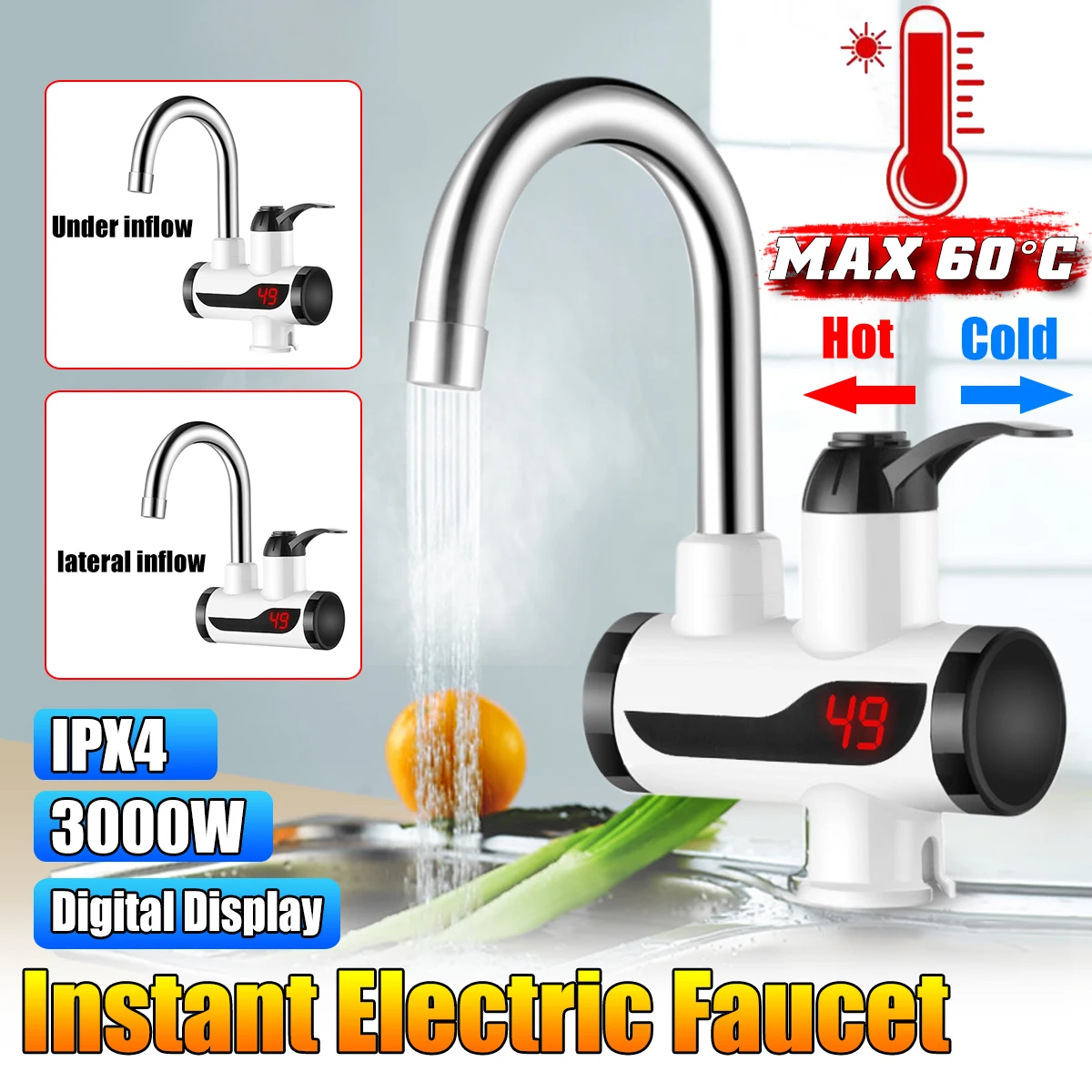 

EU Under/lateral inflow Instant Electric Faucet Tap Hot Water-Heater LED Display Bathroom Kitchen Faucet Tap Hot Water-Heate