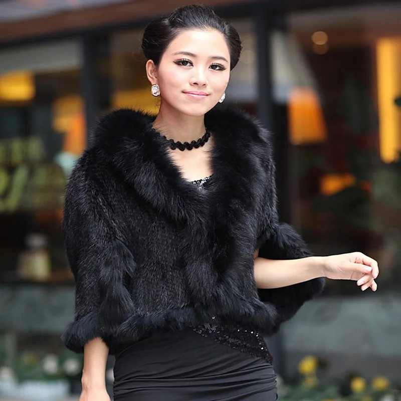 New fashion women real natural mink fur knitted shawl fox fur collar fur vest winter cape enlarge