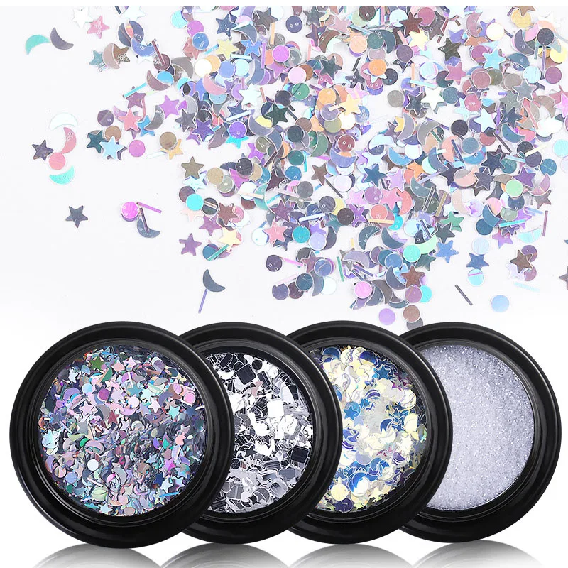 

4 Designs Holographic Nail Glitter Flakes Mix Shape Star Moon Laser Sparkling Sequins Mica Powder Pigment Decor For Manicure#Y-4