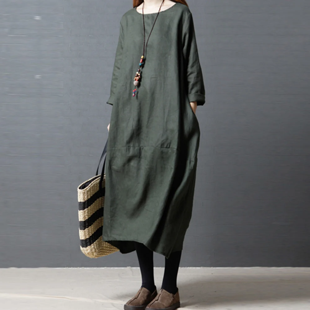 Хлопковые льняные миди платья в японском стиле свободного размера плюс
