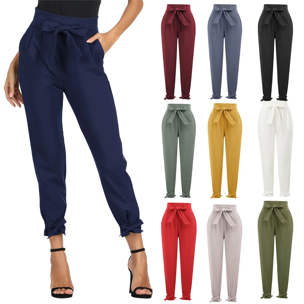 

Women's Casual Pants High Waist Belt Decorated Pencil Trousers Korean Style Pure Color Slim Office Work Capri Pants Bow-Knot
