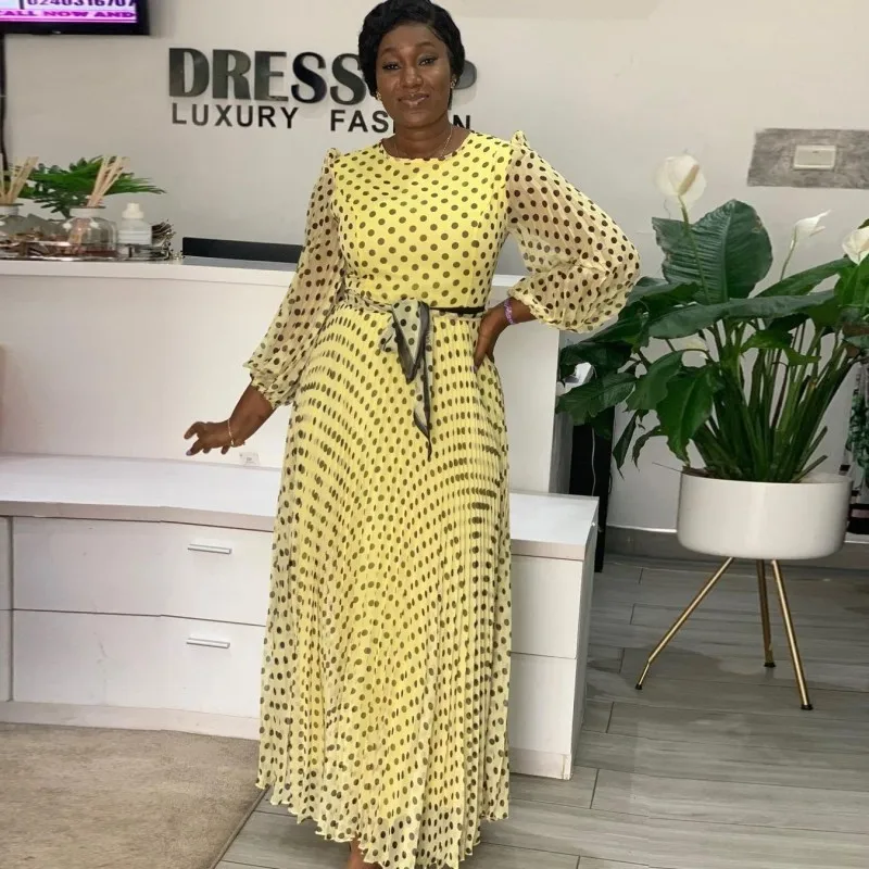 

Chiffon African Long Dress Women 3/4 Sleeve Bandage Pleated Robes 2021 New Dot Print Elegant Chic African Party Dresses Vestidos