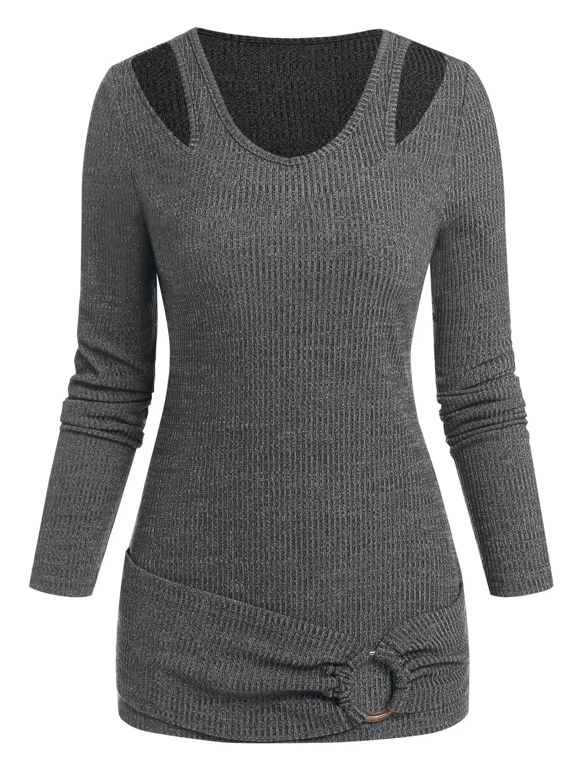 

Cutout O Ring Heathered Knit Top Regular Long Sleeve Pullovers High Stretch Solid Knitwear For Women Winter