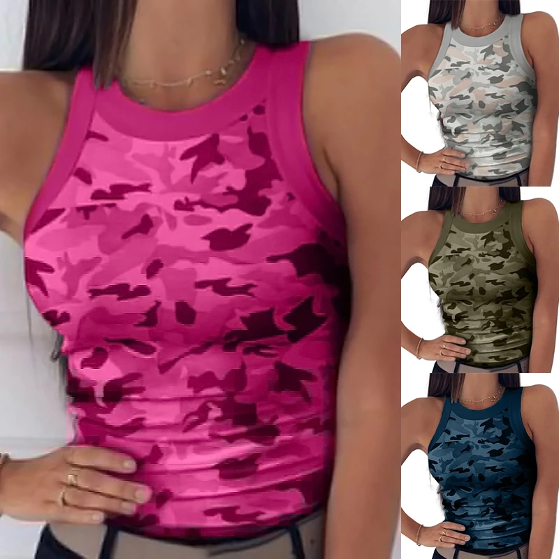 Женский Камуфляжный топ с принтом повседневная Облегающая майка без рукавов