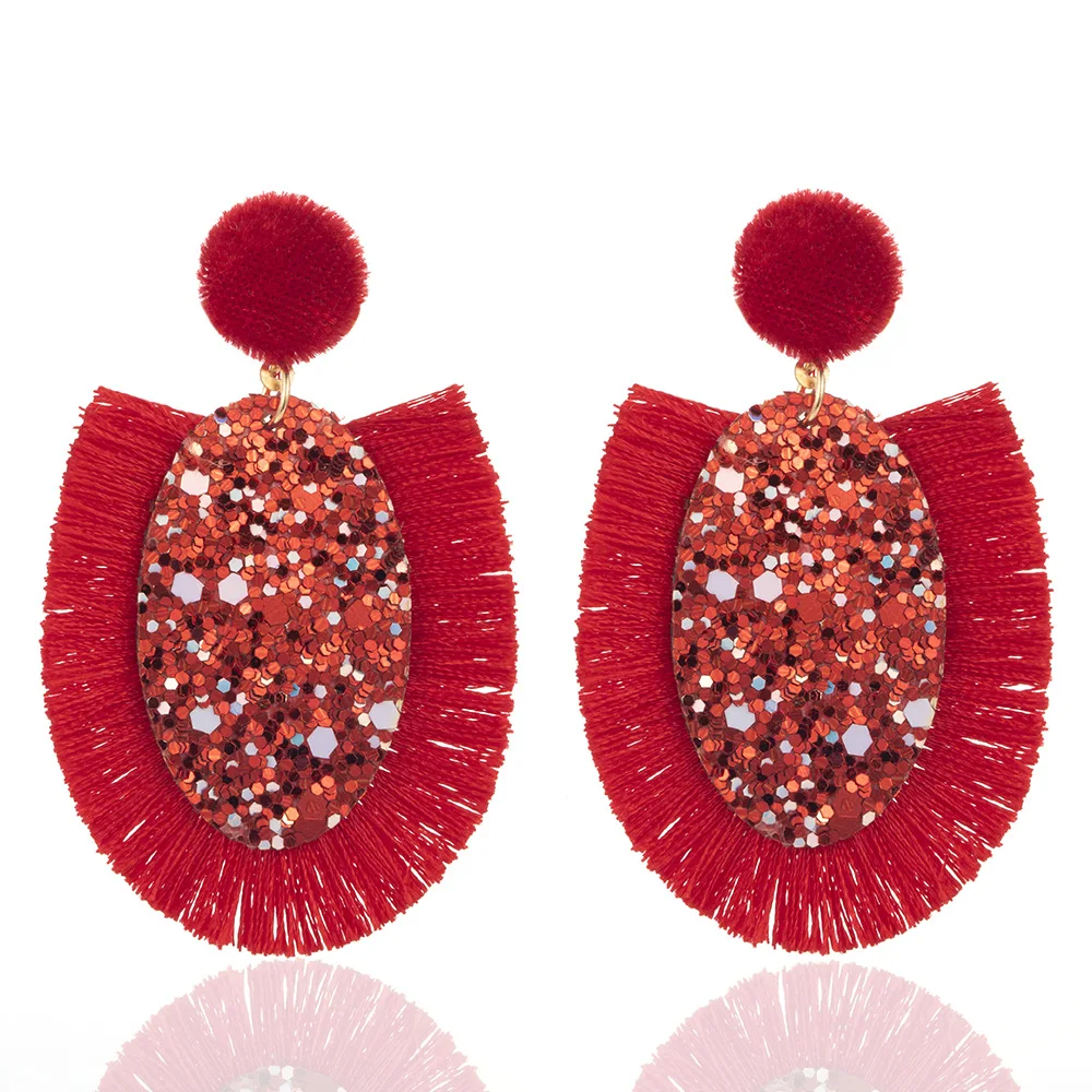 Богемные висячие серьги с кисточками и кристаллами блестками для женщин красный