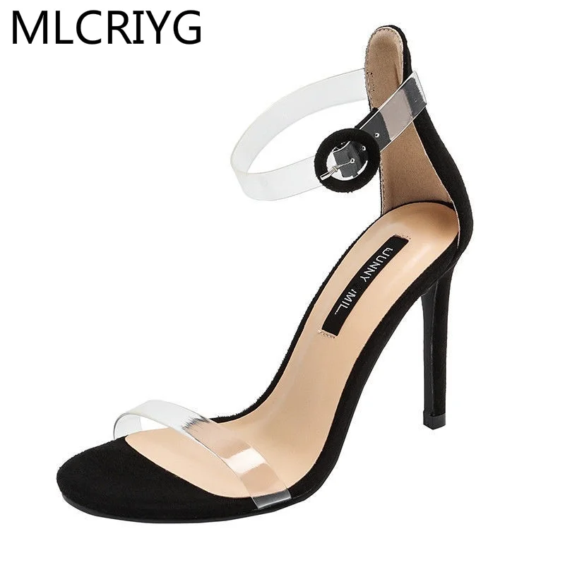 

Женские босоножки на высоком каблуке, черные прозрачные сандалии с открытым носком, лето 2021