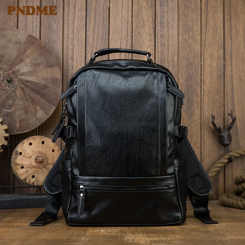 Casual handmade genuine leather men s black USB backpack fashion natural soft top layer cowhidecomputer bagpack student bookbag