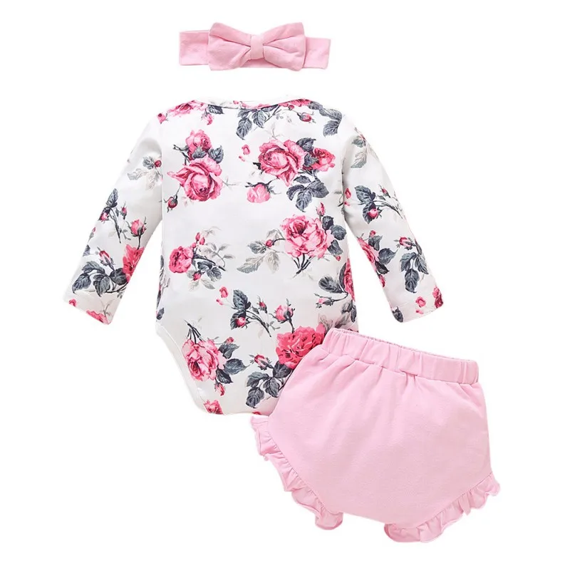 

WEIXINBUY 3Pcs Summer Toddler Newborn Baby Girls Long-sleeved Rompers+ Triangle Shorts+Bow Headband Baby Clothing Outfits 0-18M