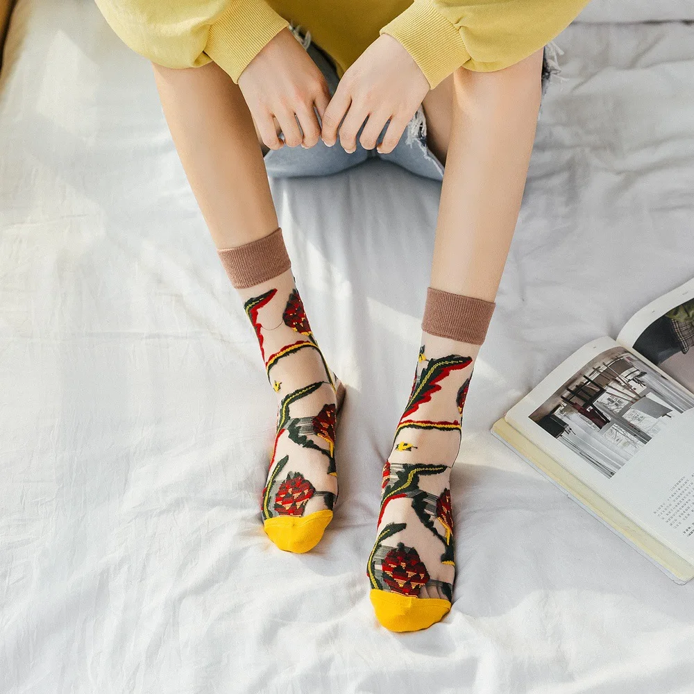 Цветные женские носки с цветочным принтом тонкие Дышащие Короткие шелковые
