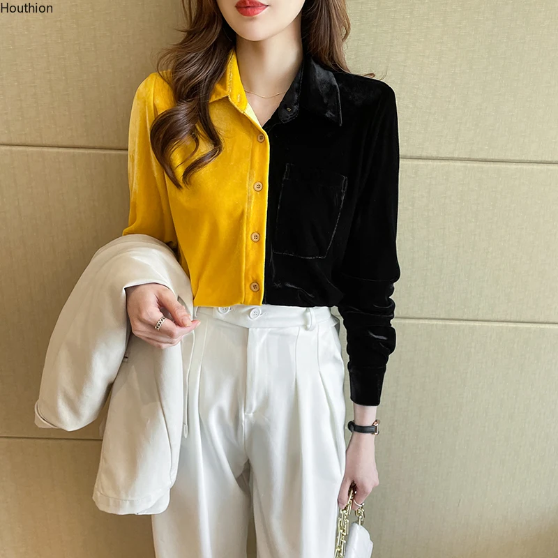 

Summer New Women's Blouse Polo Shirt Long Sleeve Top Solid Color Girl Golden Velvet Casual Fashion Lady Loose