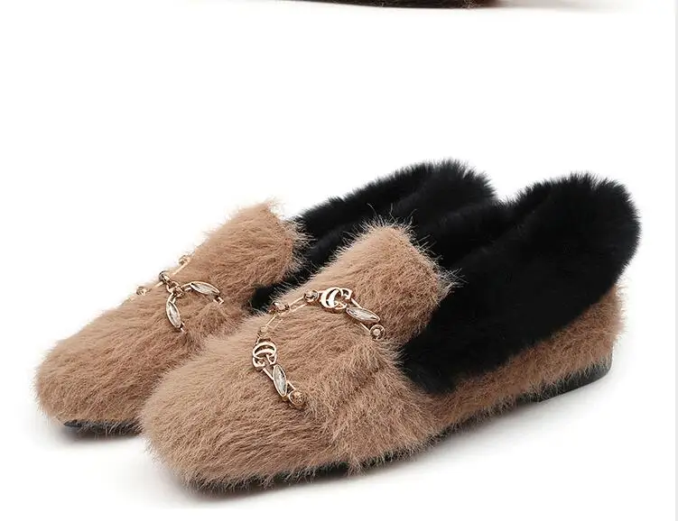 khaki1 Женская обувь; Сезон Зима; коллекция года; меховые плюшевые балетки на плоской подошве; мокасины из флока; слипоны из коровьей кожи; лоферы с металлической пряжкой - Цвет: khaki1