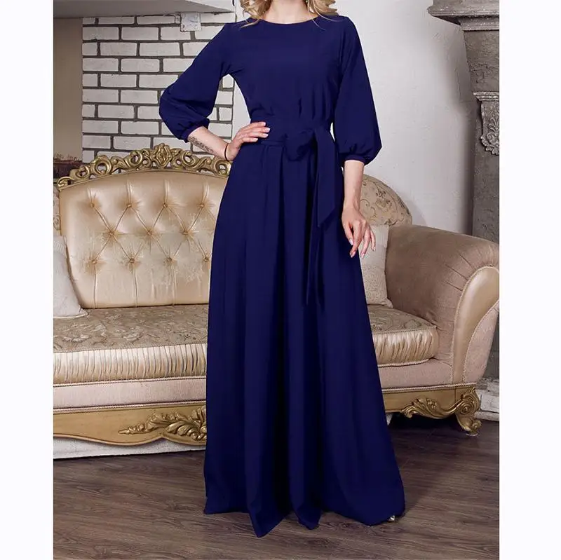 Navy blue Vintage винтажное длинное платье большого размера, женское вечернее платье с рукавами-фонариками, осенние женские платья в пол большого размера - Цвет: Navy blue