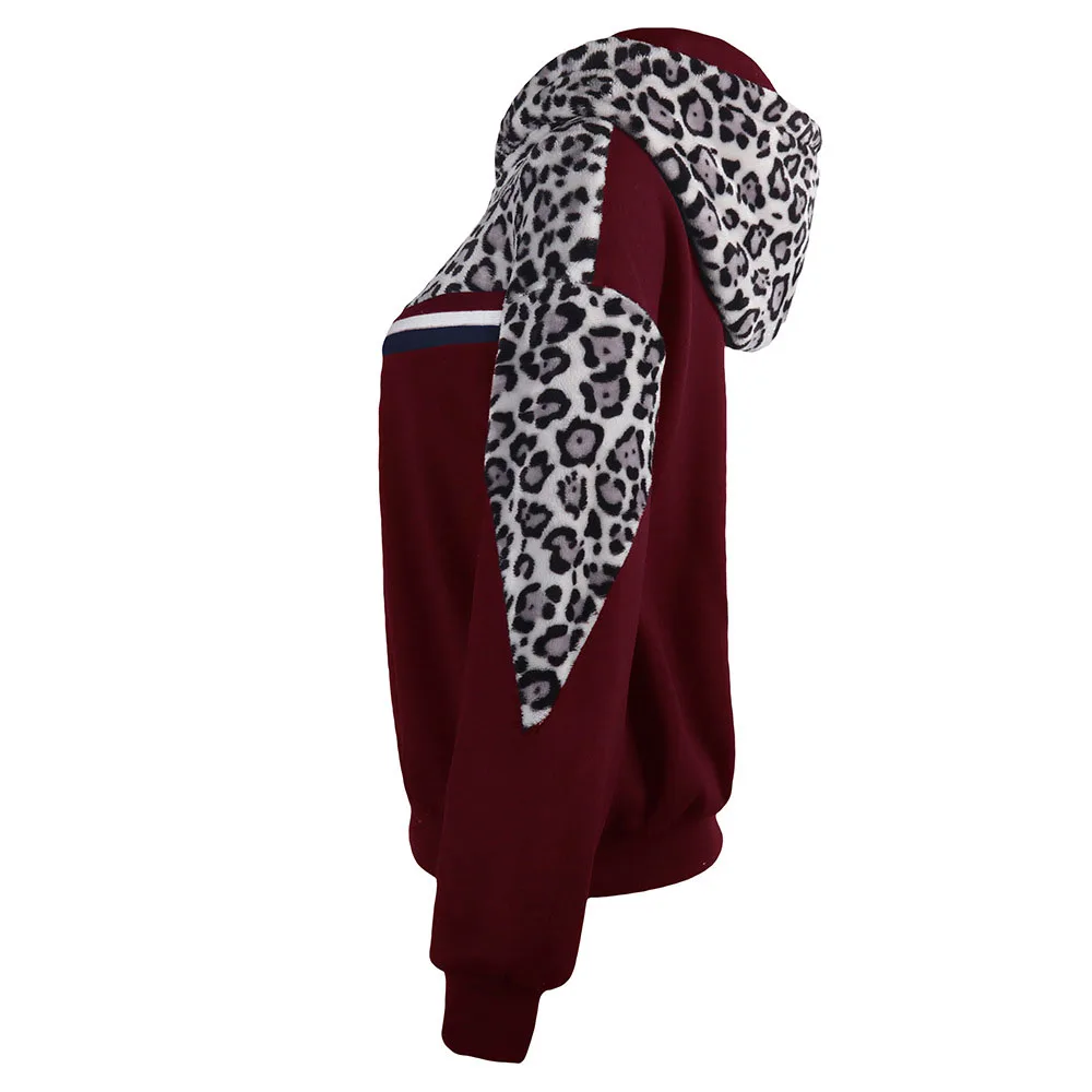 

Casual Women Hooded Hoodie Stripe Leopard Print Pullover Long Sleeve Pullover Loose Home Lady Plus Size Female Autumn Winter