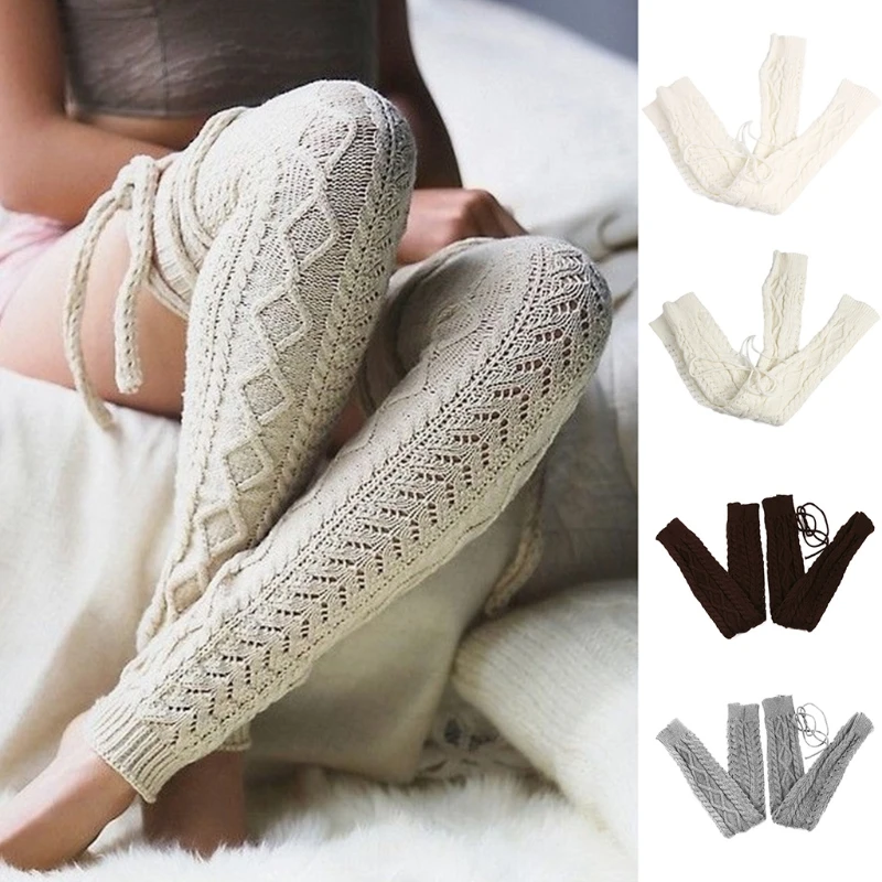 

Women Winter Chunky Cable Knit Lace-Up Tie Thigh High Leg Warmers with Strings Autumn Crochet Solid Color Over Knee Footless Lon